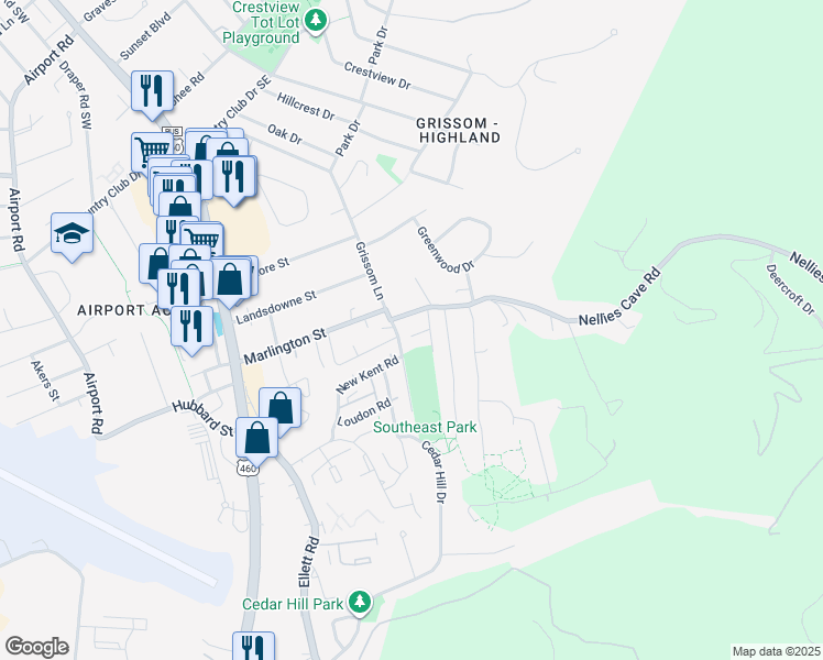 map of restaurants, bars, coffee shops, grocery stores, and more near 1745 Donlee Drive in Blacksburg