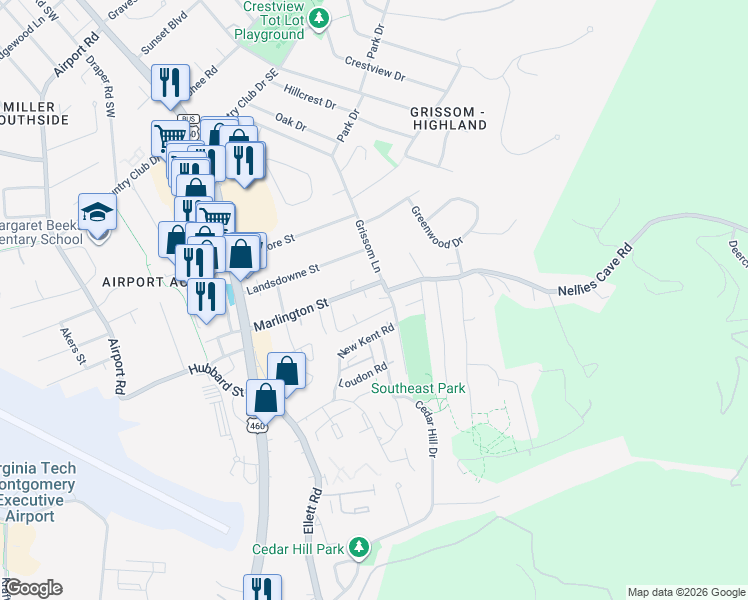 map of restaurants, bars, coffee shops, grocery stores, and more near 415 New Kent Road in Blacksburg