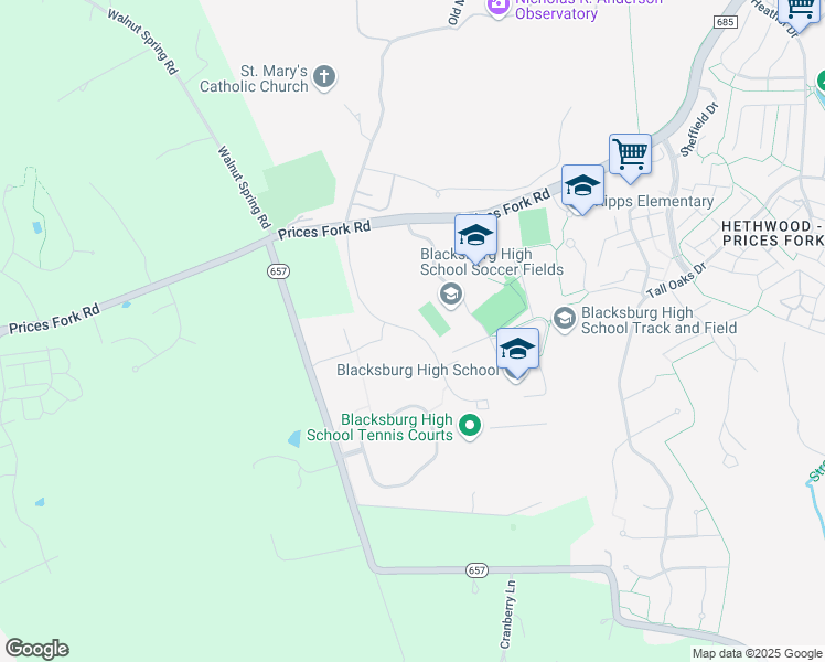map of restaurants, bars, coffee shops, grocery stores, and more near Bruin Lane in Blacksburg
