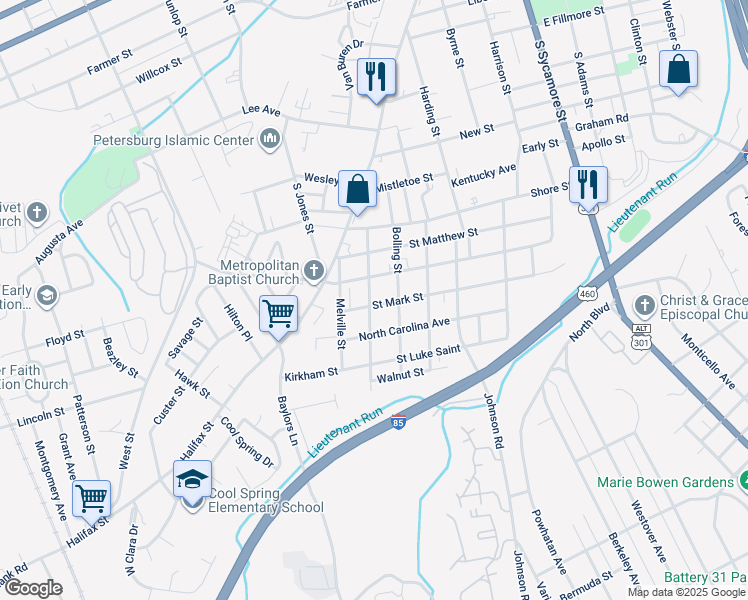 map of restaurants, bars, coffee shops, grocery stores, and more near 518 Saint Mark Street in Petersburg