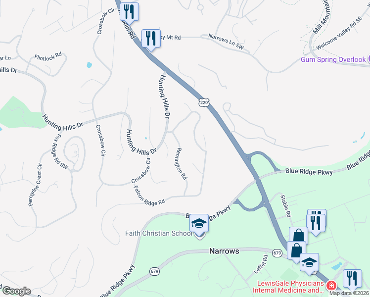 map of restaurants, bars, coffee shops, grocery stores, and more near 5153 Partridge Circle in Roanoke