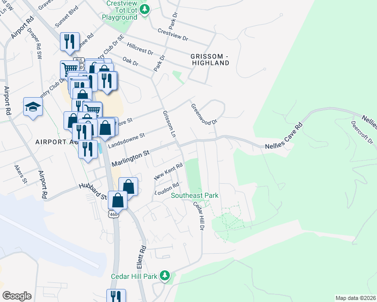 map of restaurants, bars, coffee shops, grocery stores, and more near 1745 Donlee Drive in Blacksburg