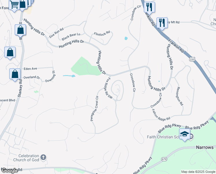 map of restaurants, bars, coffee shops, grocery stores, and more near 4942 Hunting Hills Circle in Roanoke