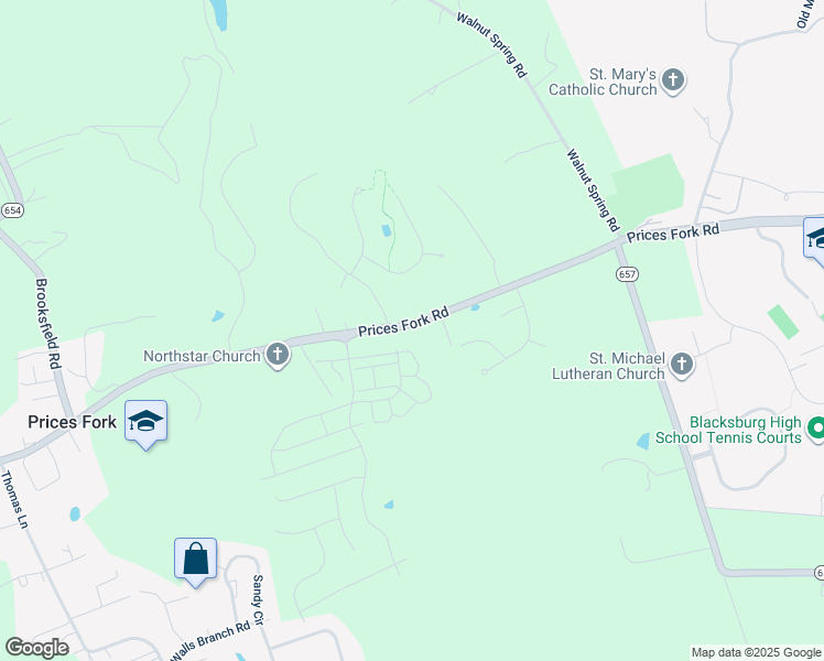 map of restaurants, bars, coffee shops, grocery stores, and more near 3809 Prices Fork Road in Blacksburg