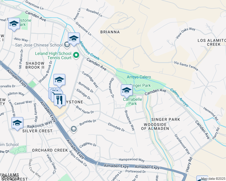 map of restaurants, bars, coffee shops, grocery stores, and more near 6898 Shearwater Drive in San Jose