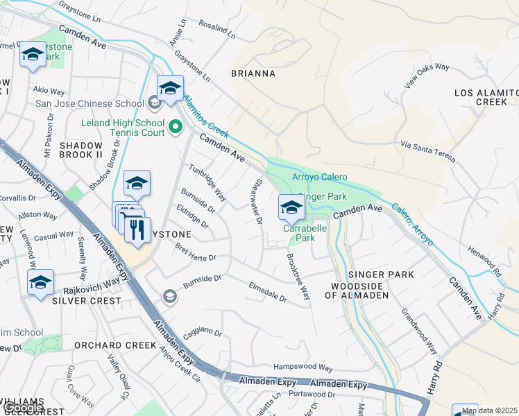 map of restaurants, bars, coffee shops, grocery stores, and more near 6898 Shearwater Drive in San Jose