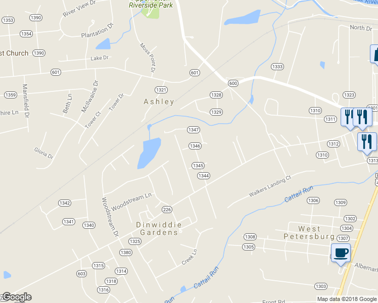 map of restaurants, bars, coffee shops, grocery stores, and more near 25005 Wayne Avenue in Petersburg
