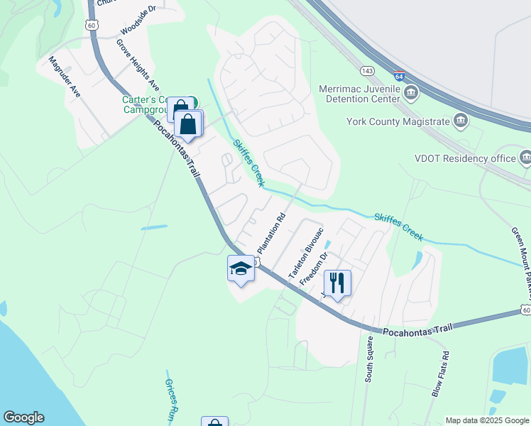map of restaurants, bars, coffee shops, grocery stores, and more near 1847 Ferrell Drive in Williamsburg