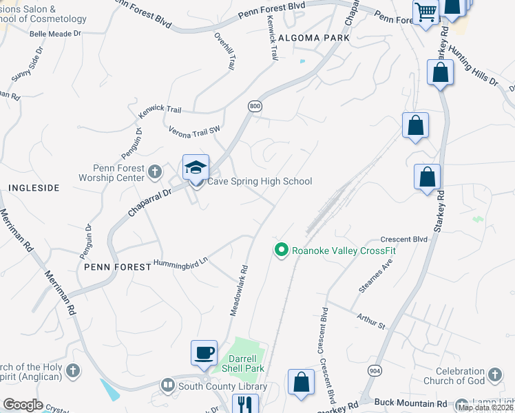 map of restaurants, bars, coffee shops, grocery stores, and more near 3645 Barn Swallow Cir in Roanoke