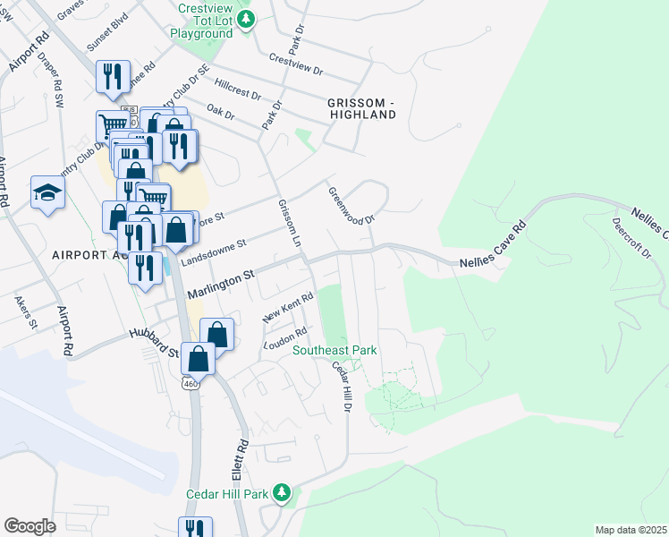 map of restaurants, bars, coffee shops, grocery stores, and more near 1745 Donlee Drive in Blacksburg