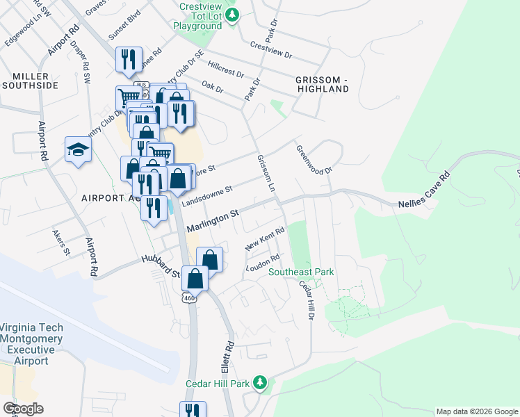 map of restaurants, bars, coffee shops, grocery stores, and more near 319 Charles Street in Blacksburg