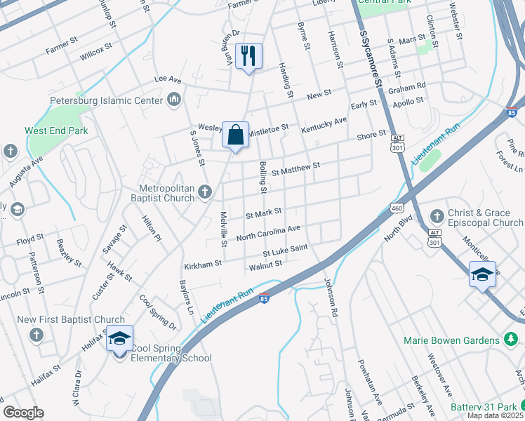 map of restaurants, bars, coffee shops, grocery stores, and more near 1026 Bolling Street in Petersburg
