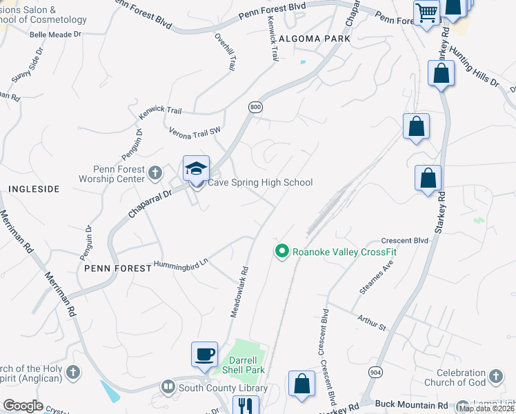 map of restaurants, bars, coffee shops, grocery stores, and more near 3645 Barn Swallow Cir in Roanoke