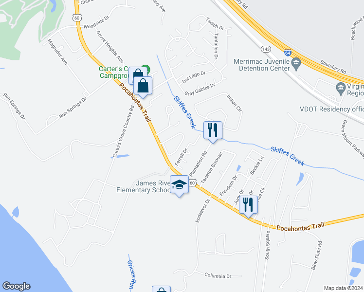 map of restaurants, bars, coffee shops, grocery stores, and more near 1938 Algonquin Trail in Williamsburg