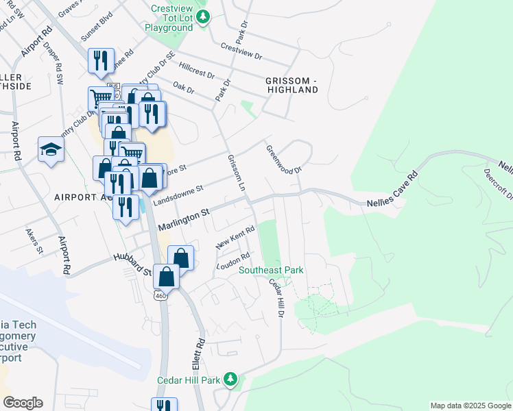 map of restaurants, bars, coffee shops, grocery stores, and more near 1745 Donlee Drive in Blacksburg