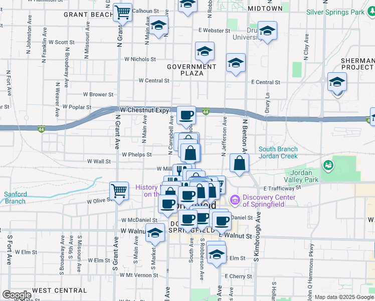 map of restaurants, bars, coffee shops, grocery stores, and more near 415 North Boonville Avenue in Springfield