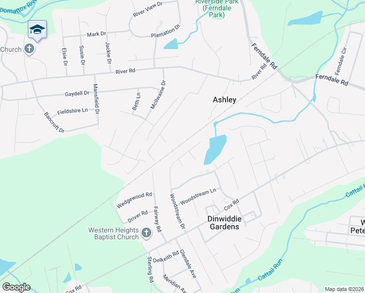 map of restaurants, bars, coffee shops, grocery stores, and more near 4403 Woodstream Drive in Petersburg