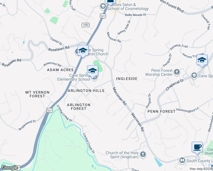 map of restaurants, bars, coffee shops, grocery stores, and more near 5522 Lynn Dell Road in Cave Spring