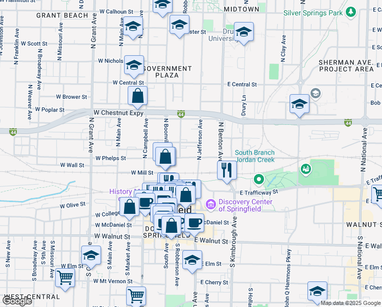 map of restaurants, bars, coffee shops, grocery stores, and more near 310 East Phelps Street in Springfield