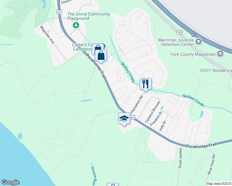 map of restaurants, bars, coffee shops, grocery stores, and more near 1968 Algonquin Trail in Williamsburg