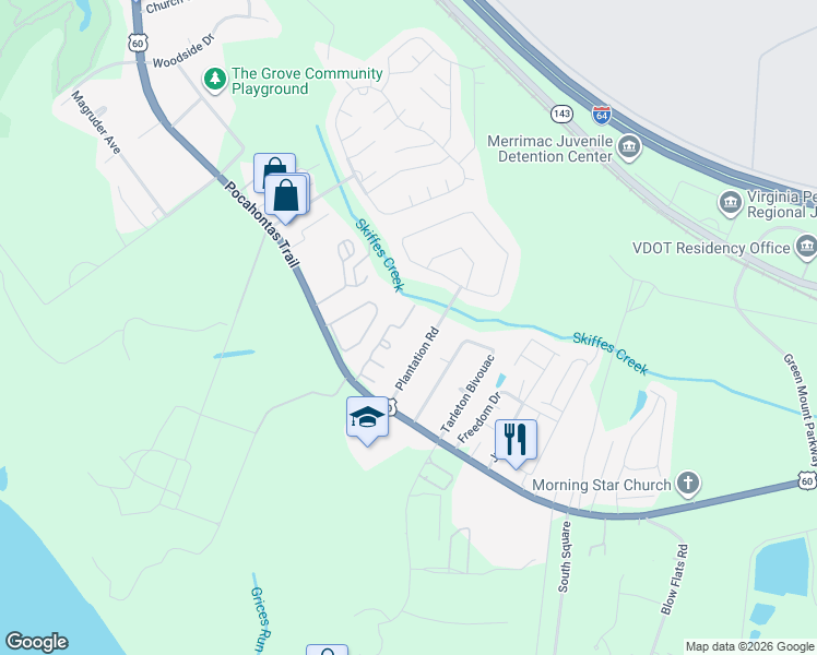 map of restaurants, bars, coffee shops, grocery stores, and more near 1853 Ferrell Drive in Williamsburg