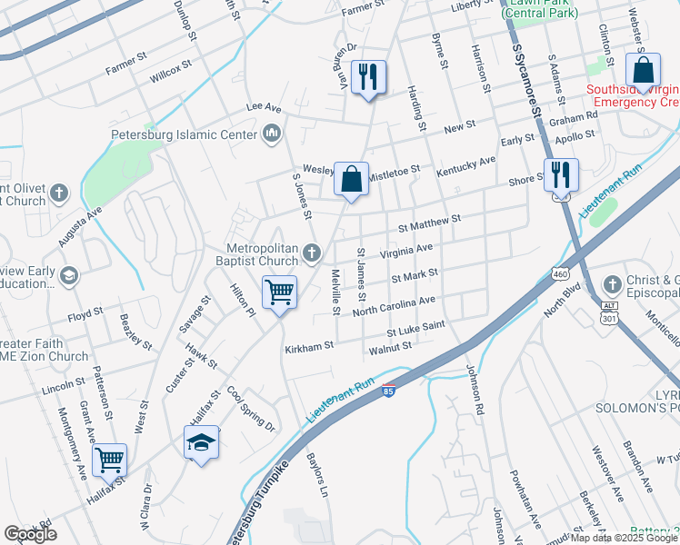 map of restaurants, bars, coffee shops, grocery stores, and more near in Petersburg