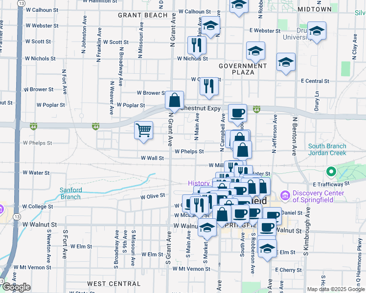 map of restaurants, bars, coffee shops, grocery stores, and more near 600-698 W Tampa St in Springfield