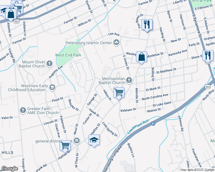 map of restaurants, bars, coffee shops, grocery stores, and more near 1206 Arlington Street in Petersburg