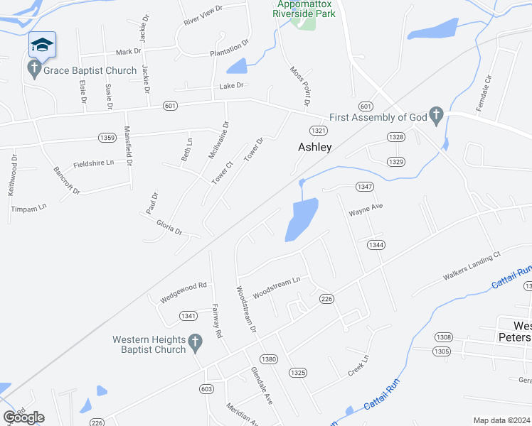 map of restaurants, bars, coffee shops, grocery stores, and more near 4312 Woodstream Drive in Petersburg