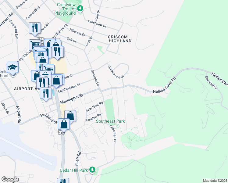 map of restaurants, bars, coffee shops, grocery stores, and more near 509 Nellies Cave Road in Blacksburg