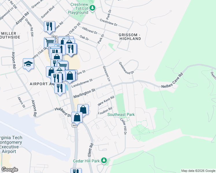 map of restaurants, bars, coffee shops, grocery stores, and more near 1600-1648 Grissom Lane in Blacksburg