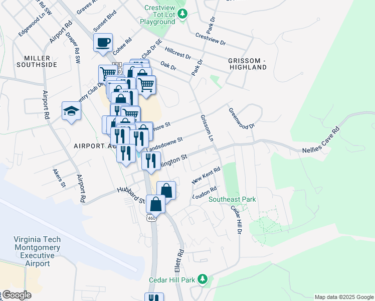 map of restaurants, bars, coffee shops, grocery stores, and more near 320 Landsdowne Street in Blacksburg