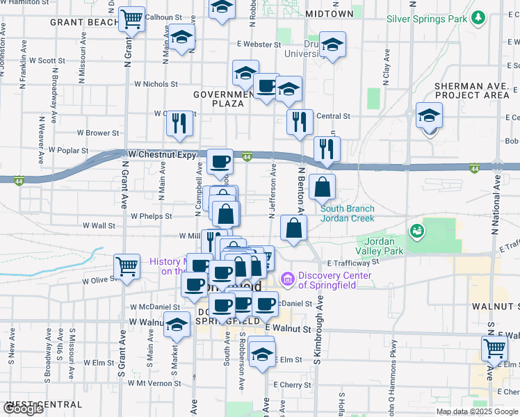 map of restaurants, bars, coffee shops, grocery stores, and more near 600 North Robberson Avenue in Springfield