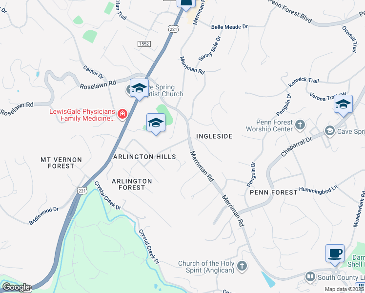 map of restaurants, bars, coffee shops, grocery stores, and more near 5714 Knowles Drive in Cave Spring