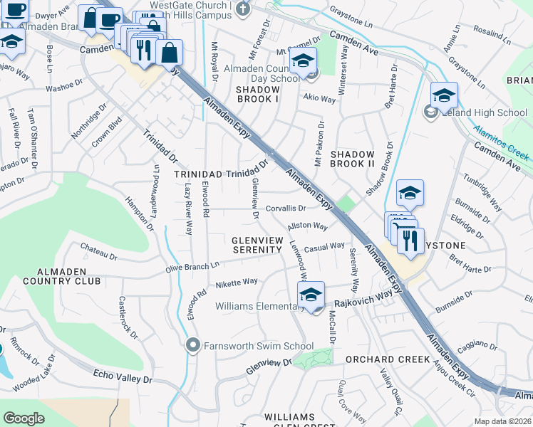 map of restaurants, bars, coffee shops, grocery stores, and more near 6803 Lenwood Way in San Jose