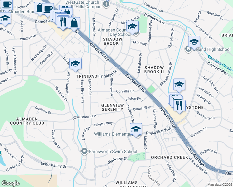 map of restaurants, bars, coffee shops, grocery stores, and more near 6803 Lenwood Way in San Jose