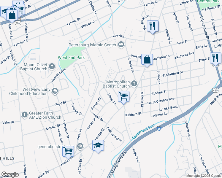 map of restaurants, bars, coffee shops, grocery stores, and more near 1206 Arlington Street in Petersburg