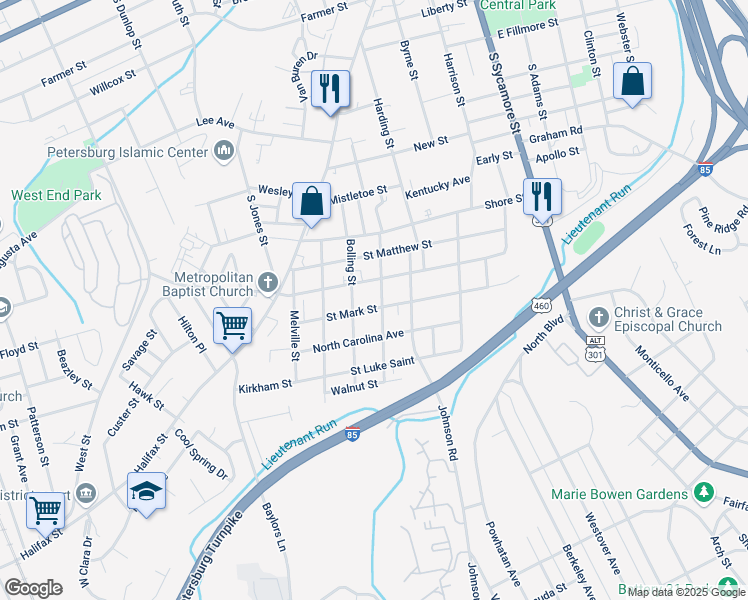 map of restaurants, bars, coffee shops, grocery stores, and more near 412 Virginia Avenue in Petersburg