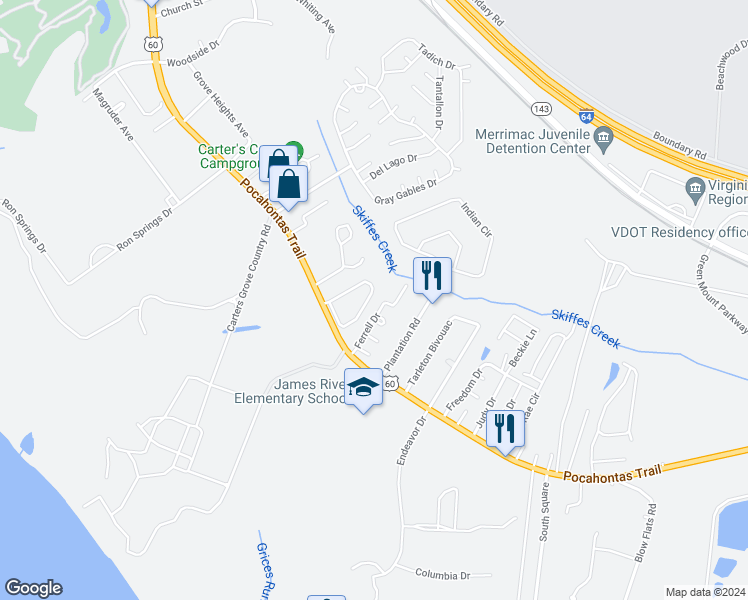 map of restaurants, bars, coffee shops, grocery stores, and more near 1932 Algonquin Trail in Williamsburg
