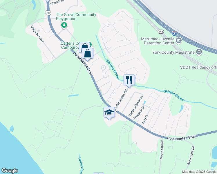 map of restaurants, bars, coffee shops, grocery stores, and more near 1985 Algonquin Trail in Williamsburg