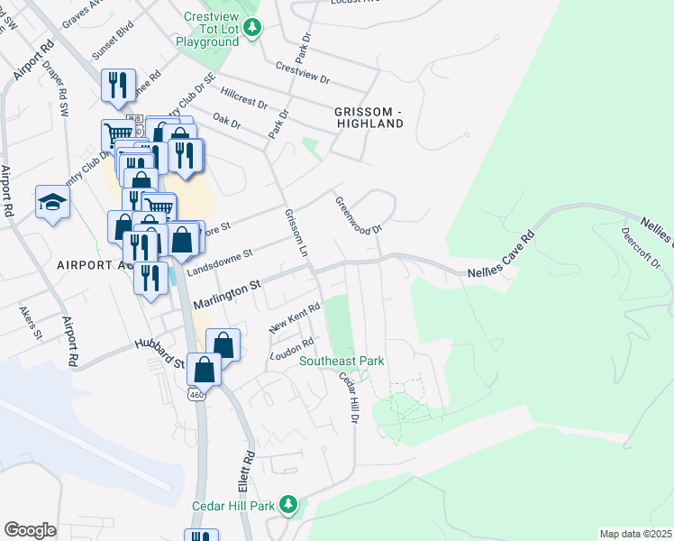map of restaurants, bars, coffee shops, grocery stores, and more near 509 Nellies Cave Road in Blacksburg