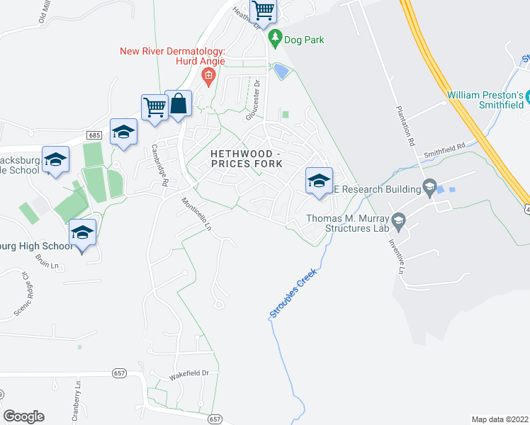 map of restaurants, bars, coffee shops, grocery stores, and more near 9300 Hunters Mill Road in Blacksburg