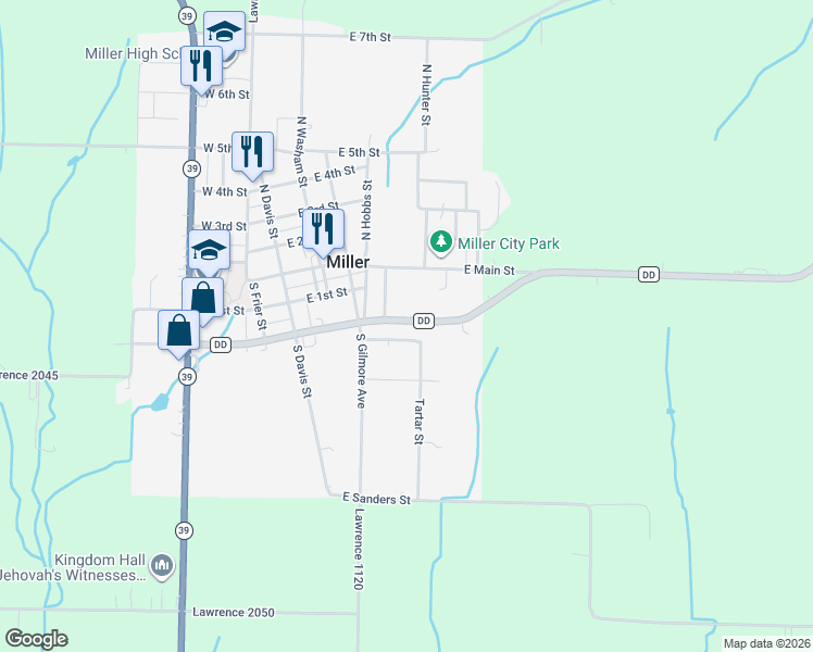 map of restaurants, bars, coffee shops, grocery stores, and more near 508 East Highway Dd in Miller