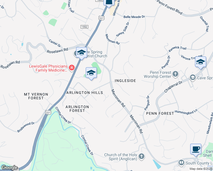 map of restaurants, bars, coffee shops, grocery stores, and more near 5714 Knowles Drive in Cave Spring