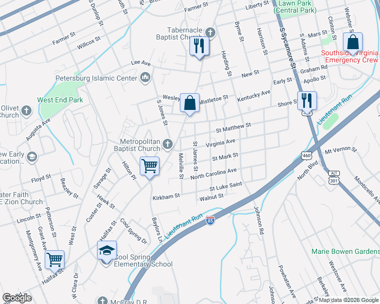 map of restaurants, bars, coffee shops, grocery stores, and more near in Petersburg