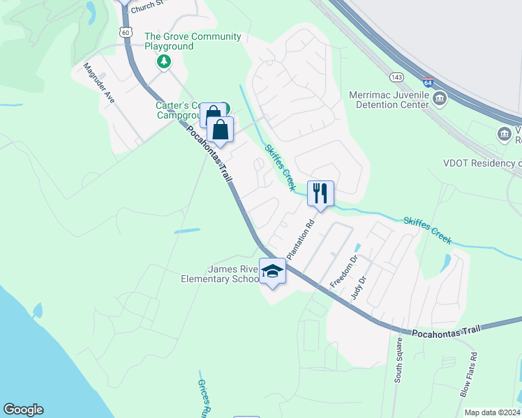 map of restaurants, bars, coffee shops, grocery stores, and more near 1974 Algonquin Trail in Williamsburg