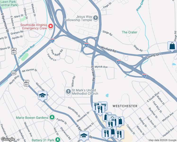 map of restaurants, bars, coffee shops, grocery stores, and more near 644 Toll Gate Lane in Petersburg