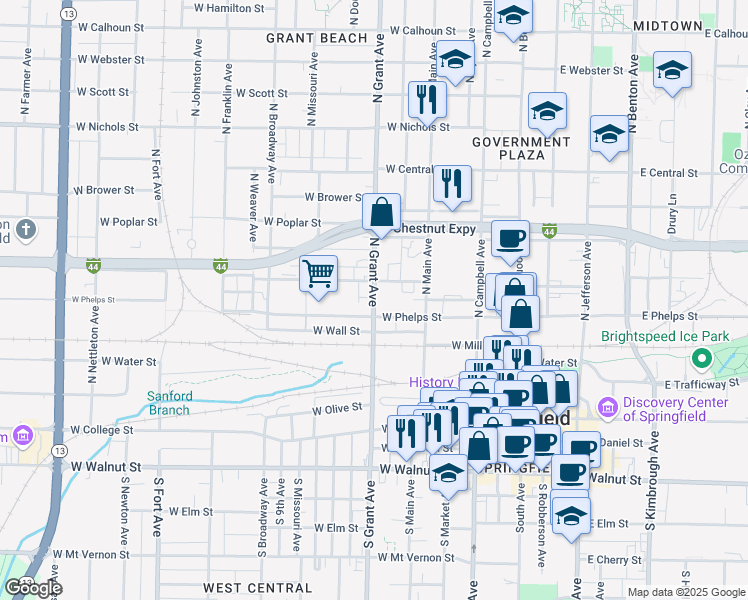 map of restaurants, bars, coffee shops, grocery stores, and more near 548 North Grant Avenue in Springfield