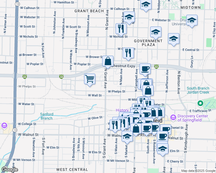 map of restaurants, bars, coffee shops, grocery stores, and more near 548-598 N Grant Ave in Springfield