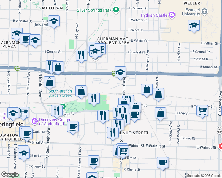 map of restaurants, bars, coffee shops, grocery stores, and more near 1034 East Tampa Street in Springfield